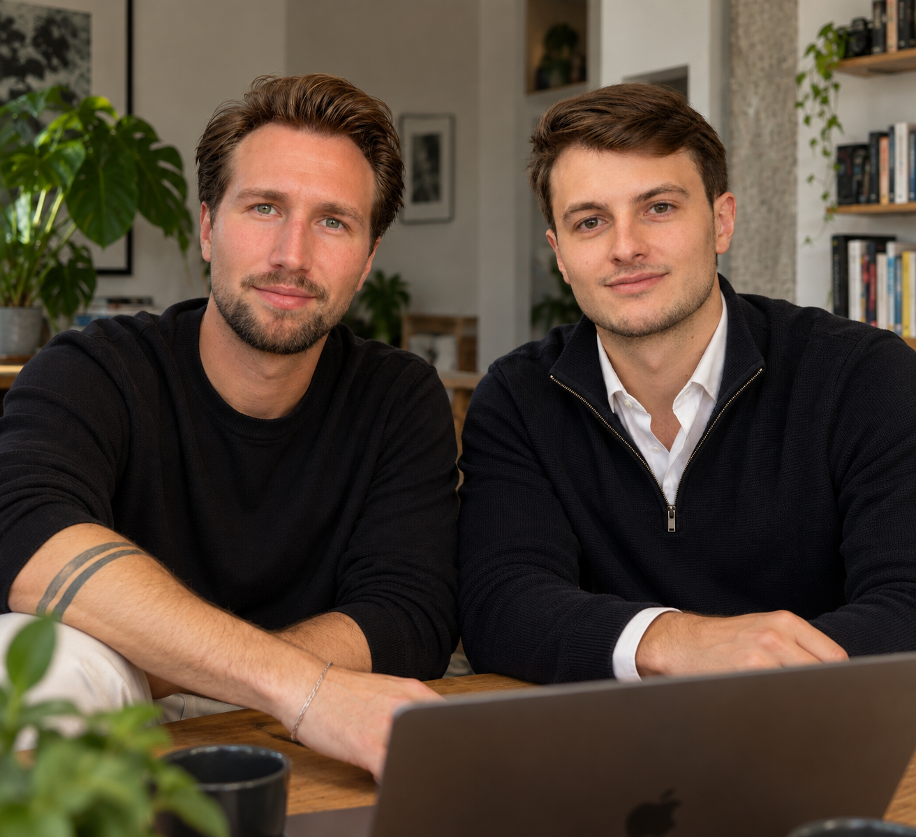 Miguel Haas und Thomas Allendorf gemeinsam am Tisch mit Laptop